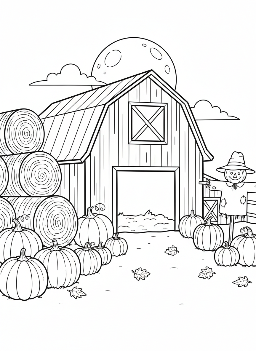 A barn with hay bales stacked outside, surrounded by pumpkins and autumn decorations under a harvest moon.