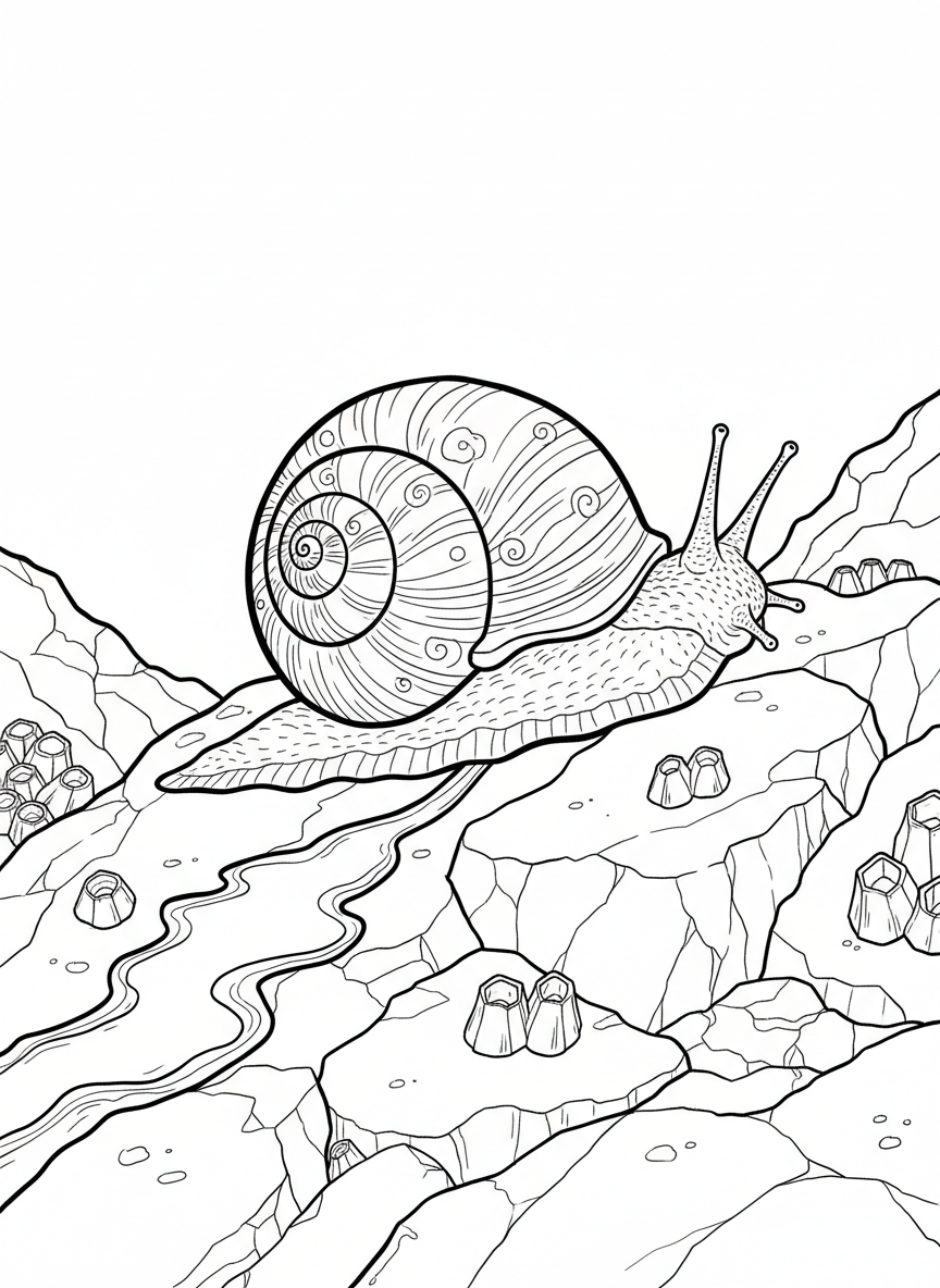 A sea snail with decorative spiral shell slowly crawling on a rock, leaving a trail behind, with barnacles attached to nearby stones