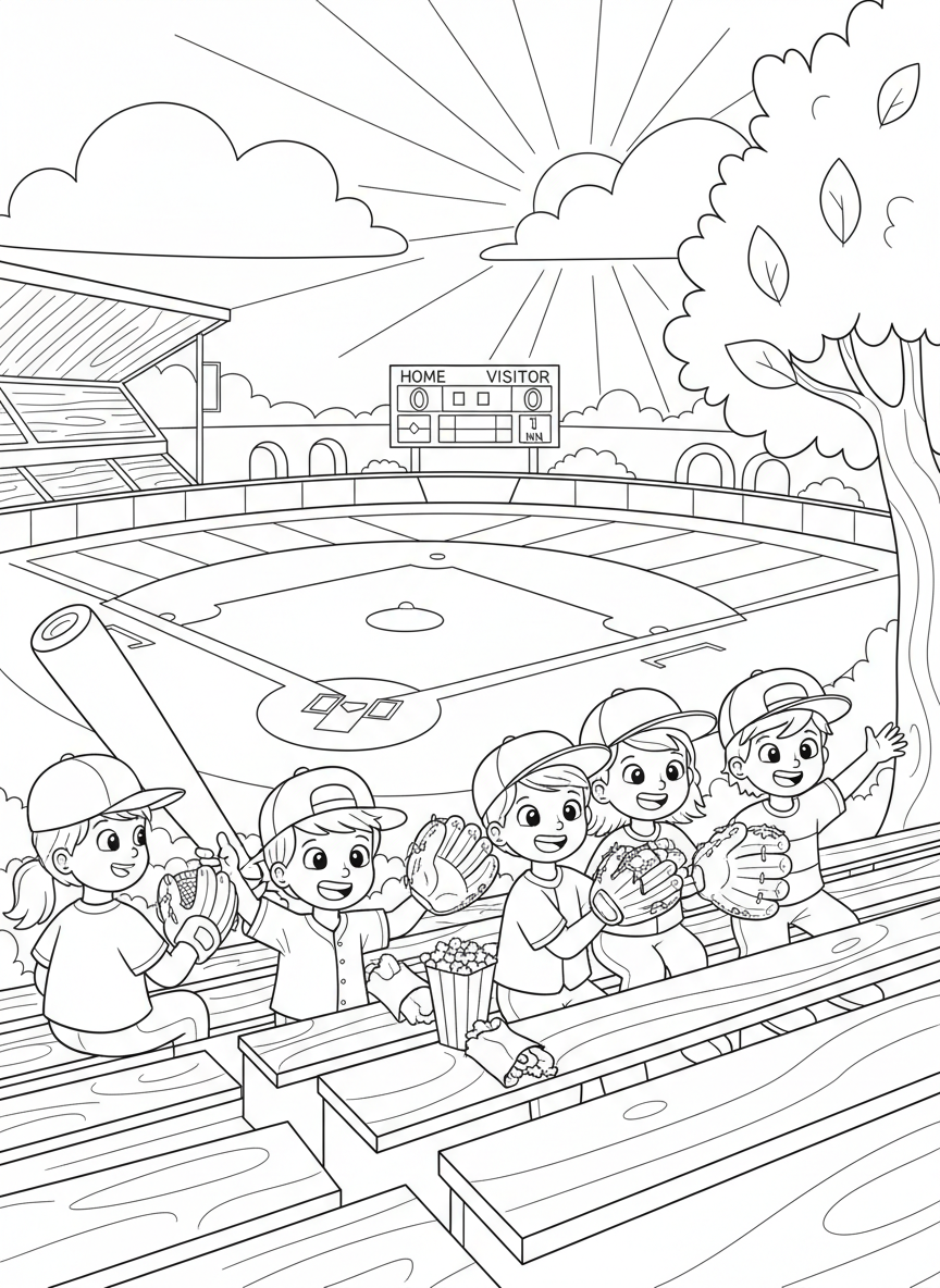 Baseball Opening Day coloring page prompts celebrating fresh starts, spring optimism, and the return of the game.	Children watching the game intently from the stands, gloves ready for a potential foul ball.