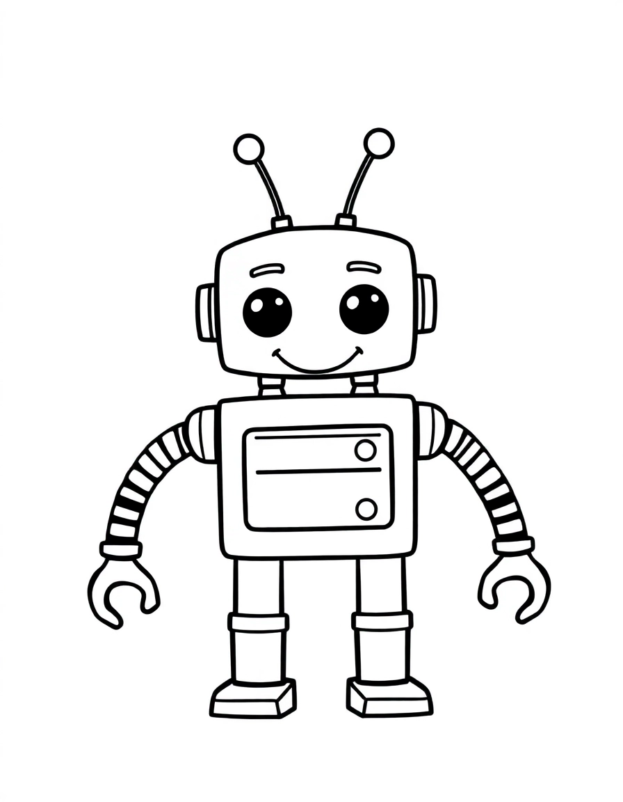 A classic happy retro robot with a rectangular body, flexible accordion-tube arms, and two bouncing antennas. The illustration is a simple black and white cartoon with thick, defined outlines and no gradients or shading.