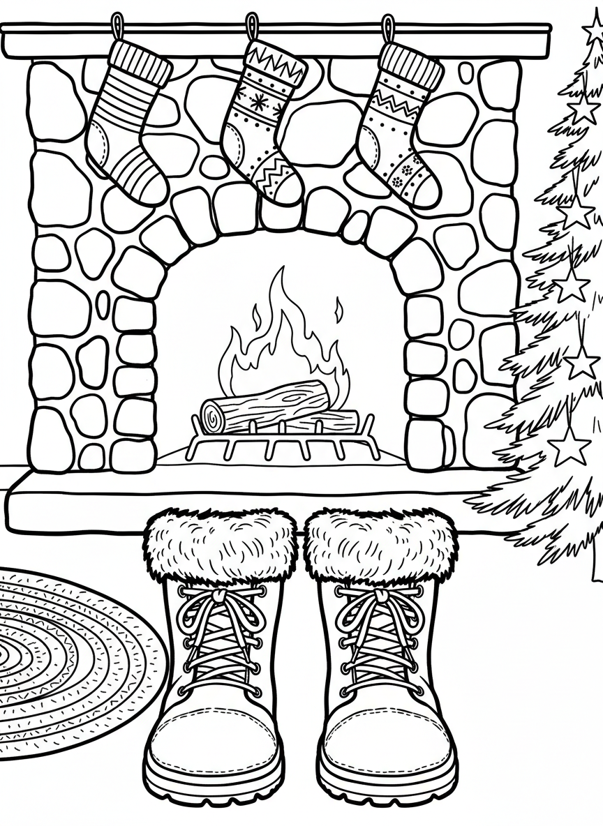 A pair of cozy winter boots with fur trim, sitting by a fireplace with stockings hanging above
