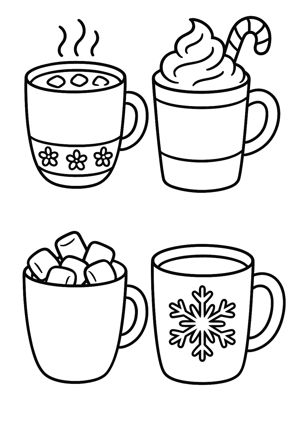 Set of cozy winter mug illustrations for crafting: cocoa mug, peppermint latte, marshmallow mug, snowflake mug