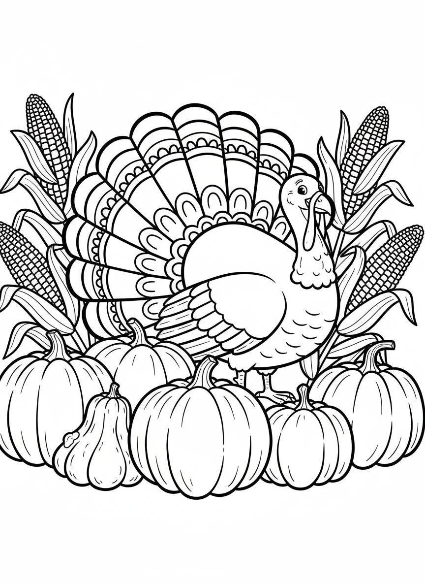 A friendly turkey with detailed tail feathers spread out, standing among pumpkins and corn stalks.