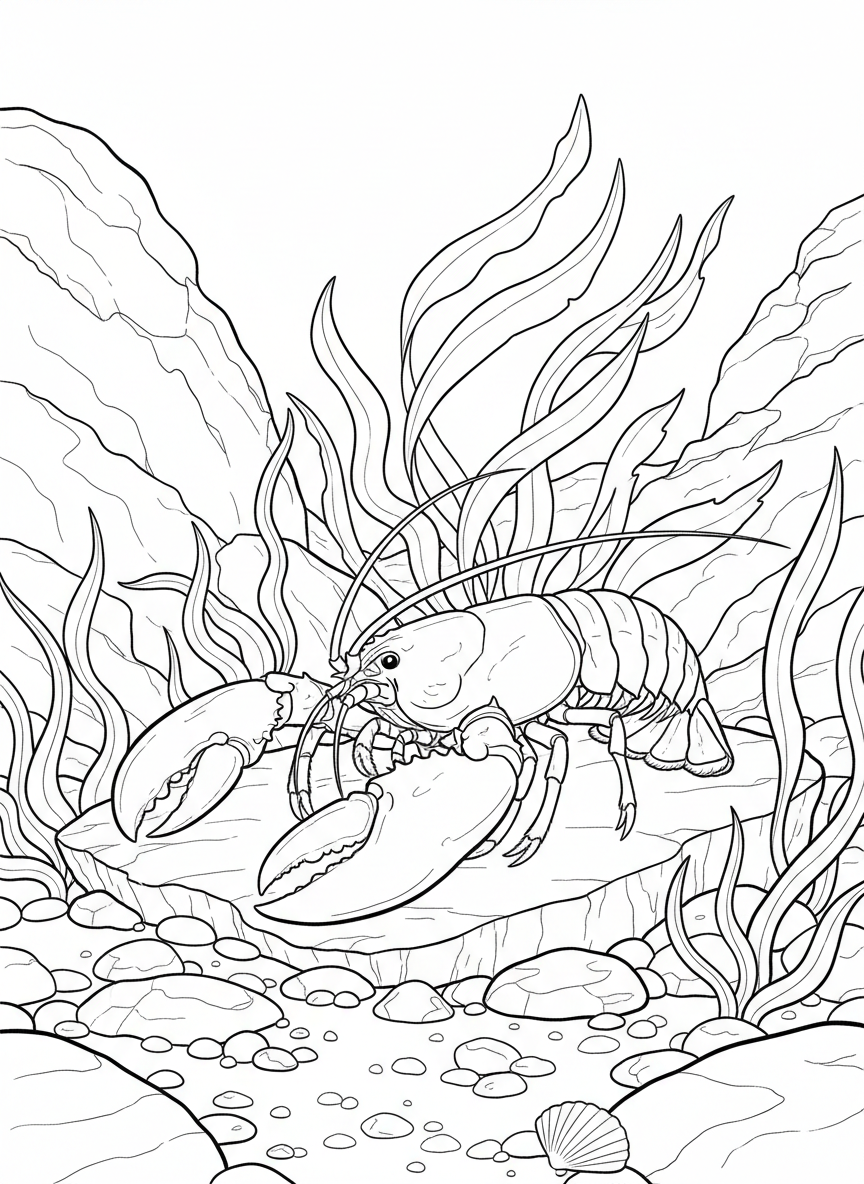 A lobster with large claws resting among rocks and ocean plants on the sea bottom