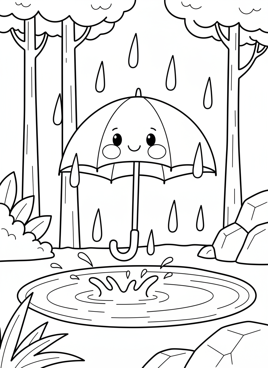 A cute umbrella standing in a puddle with raindrops falling around it, simple outdoor scene