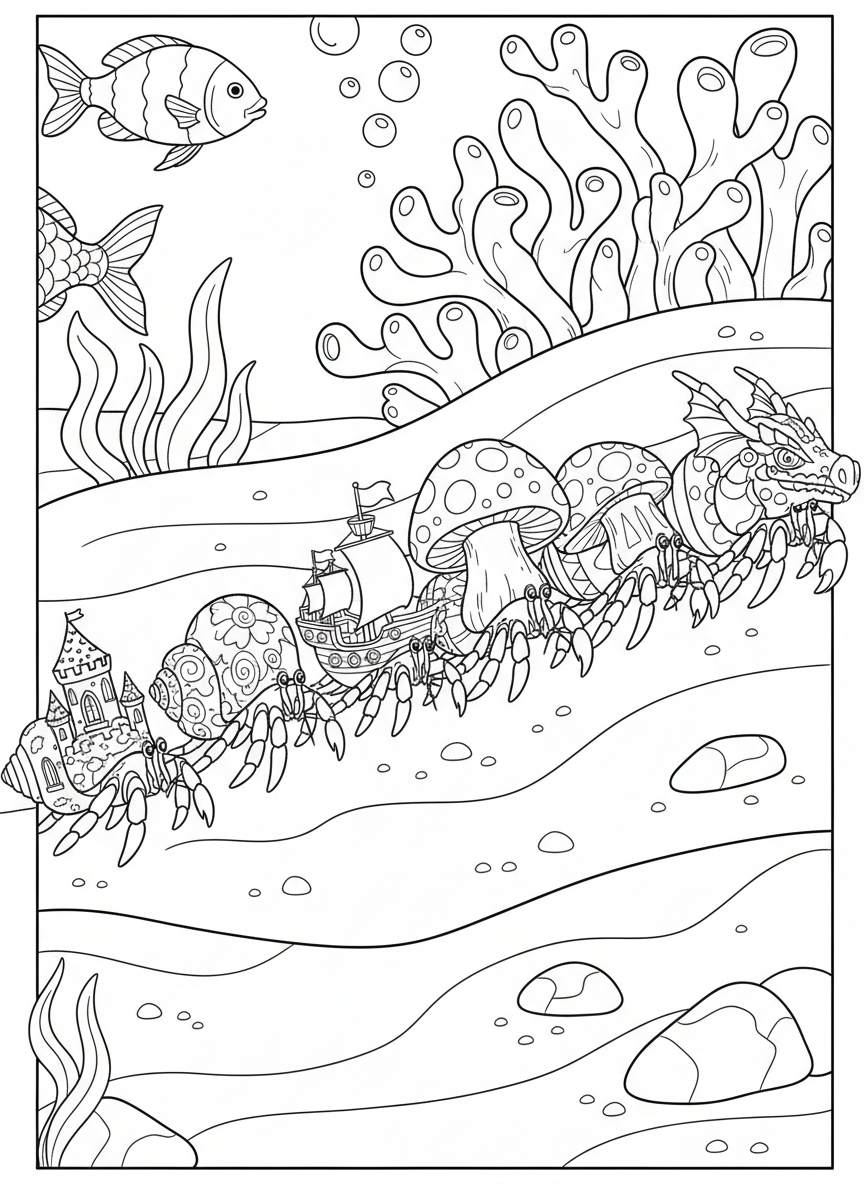 Coloring page featuring exactly 6 hermit crabs in different decorated shells walking in a line across the sandy bottom.