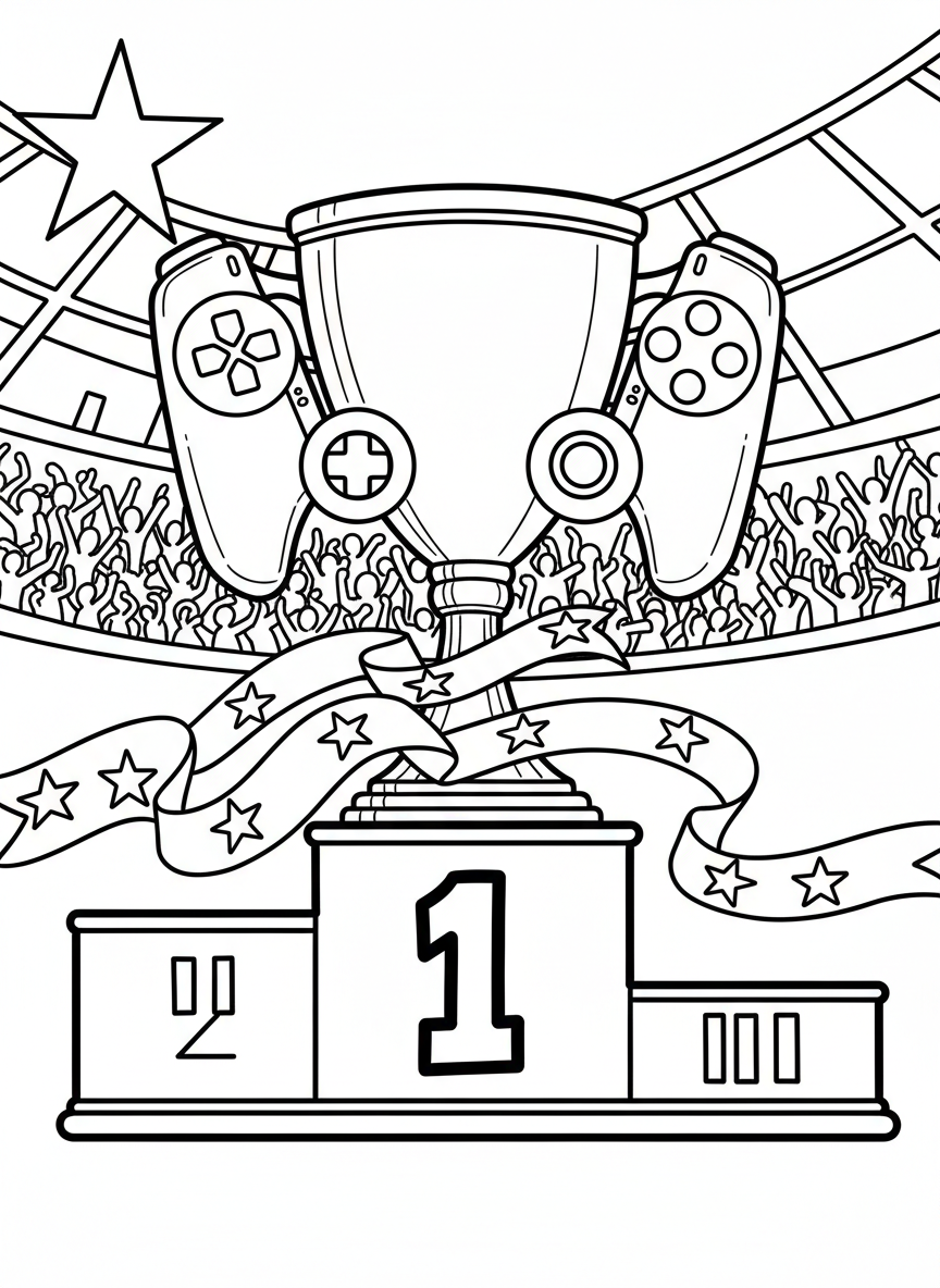 A trophy cup with game controller handles, sitting on a podium marked with number one, ribbons and stars around it.