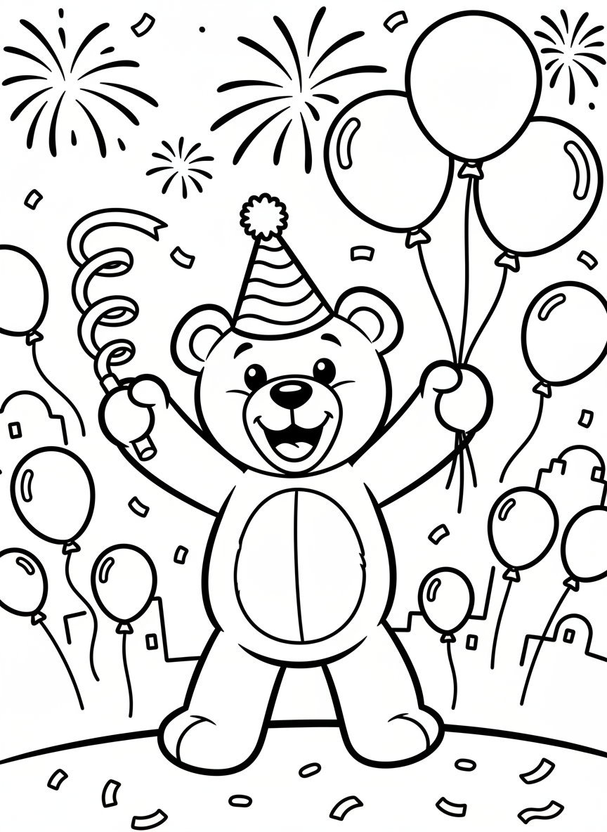 A cheerful teddy bear wearing a party hat and holding a noisemaker, celebrating New Year's with balloons floating nearby