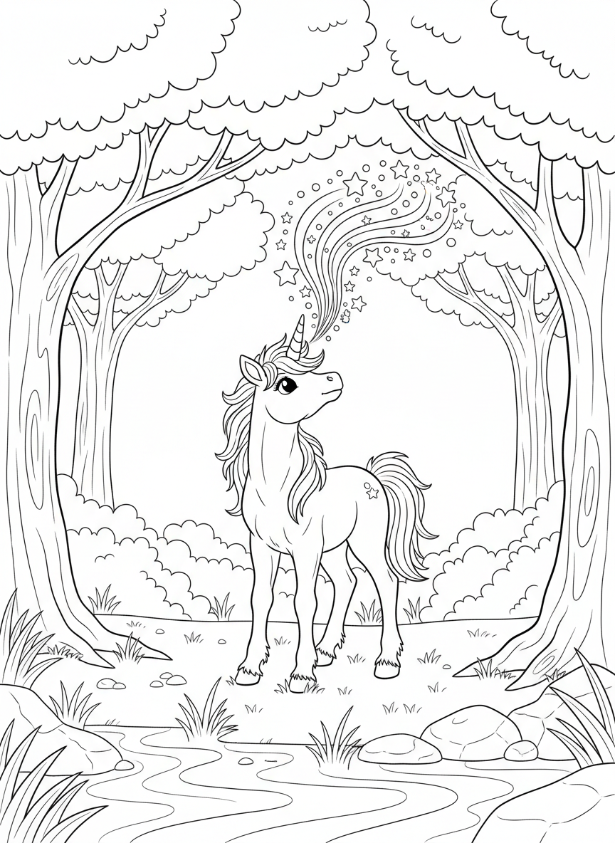 A young unicorn foal learning to use its magic, creating rainbow sparkles from its horn in a peaceful glade.