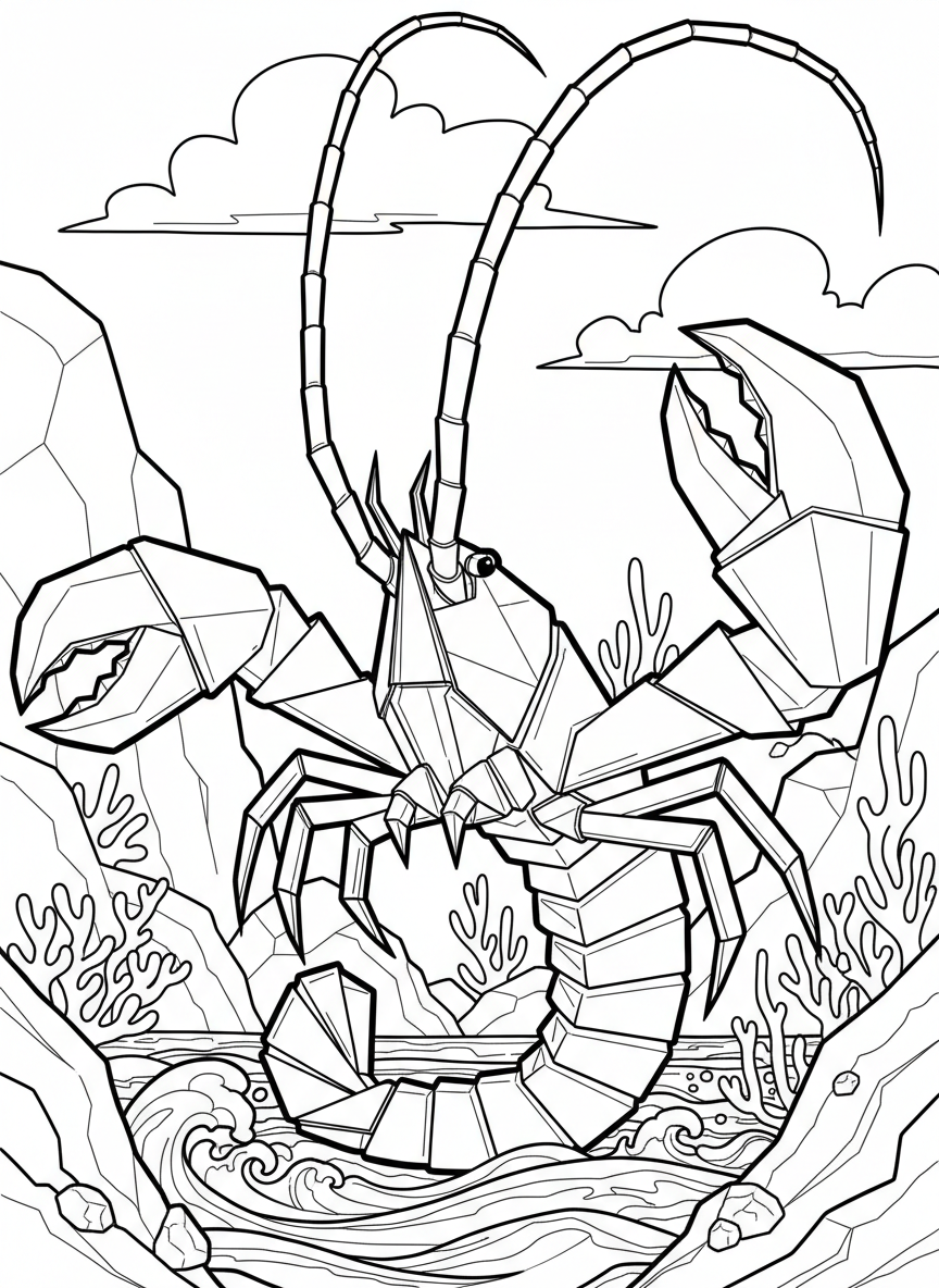 An origami lobster with long antennae, large geometric claws, segmented tail curled underneath, and multiple walking legs