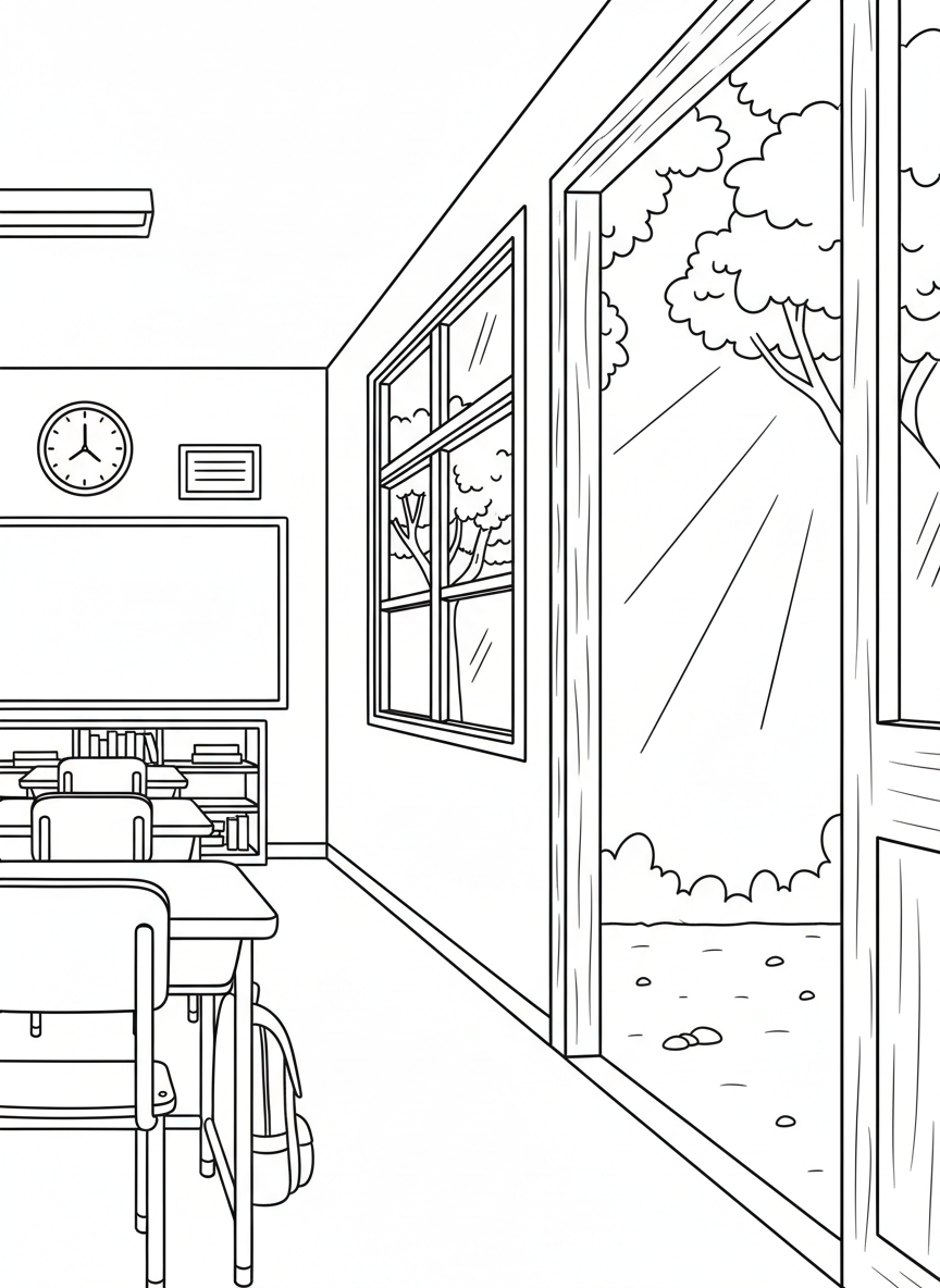 A simple scene of an empty classroom with a clock showing 3pm and an open door leading to sunshine outside