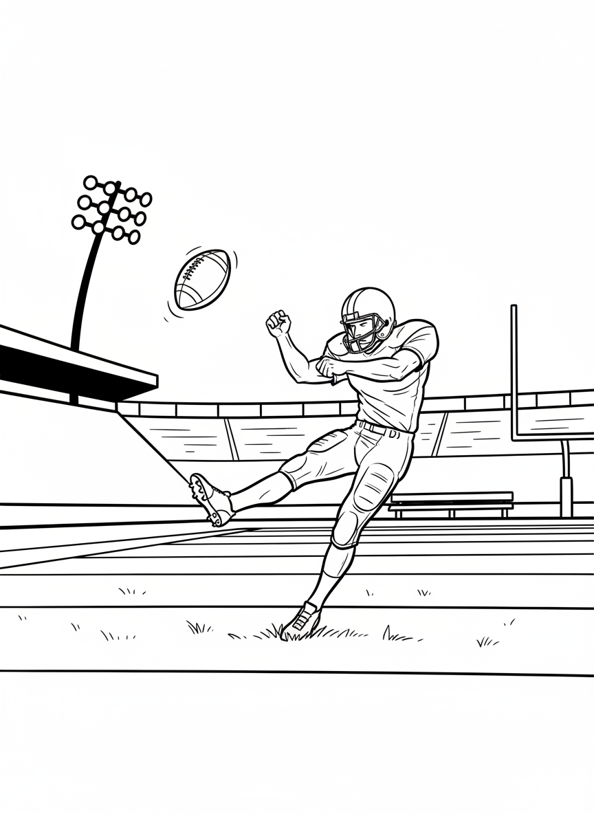 A football player in mid-kick pose on a field, kicking off the game with the ball in the air, stadium lights in background, simple line art.