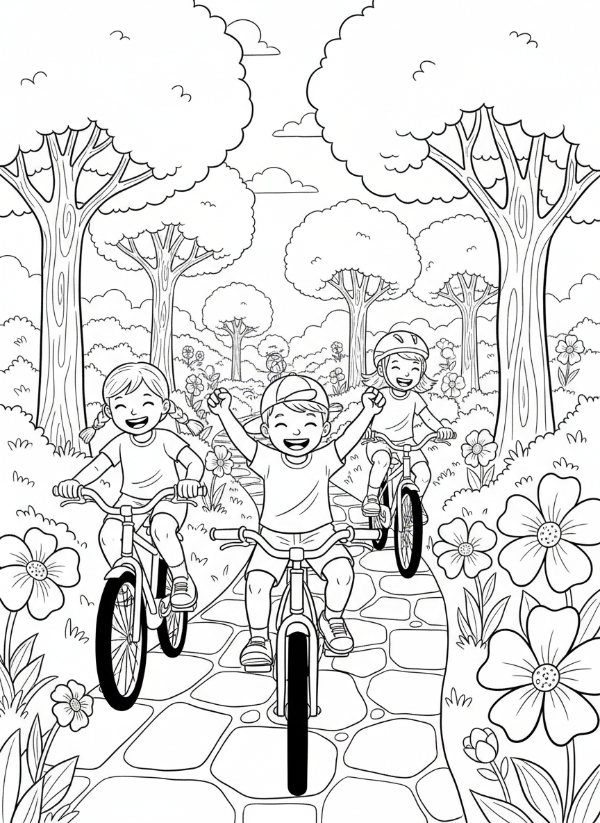 Kids riding bicycles together on a park trail with trees and flowers, enjoying outdoor Labor Day activities.