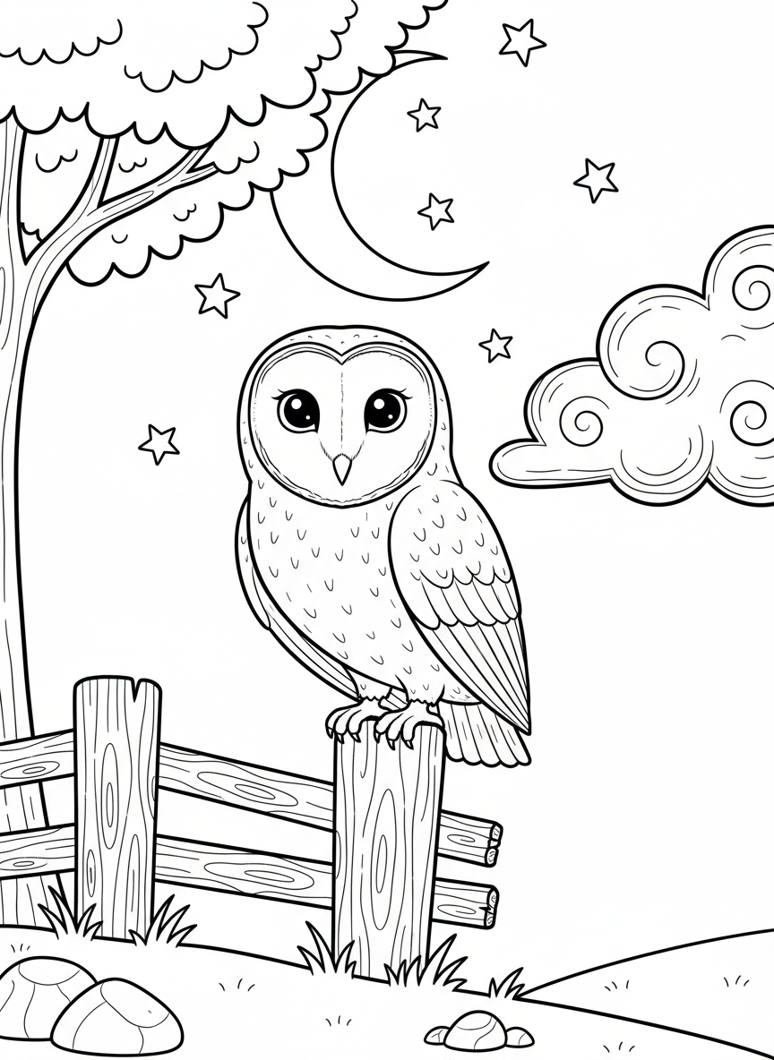 A friendly barn owl perched on a wooden fence post under a crescent moon, with simple stars in the background, perfect for young children