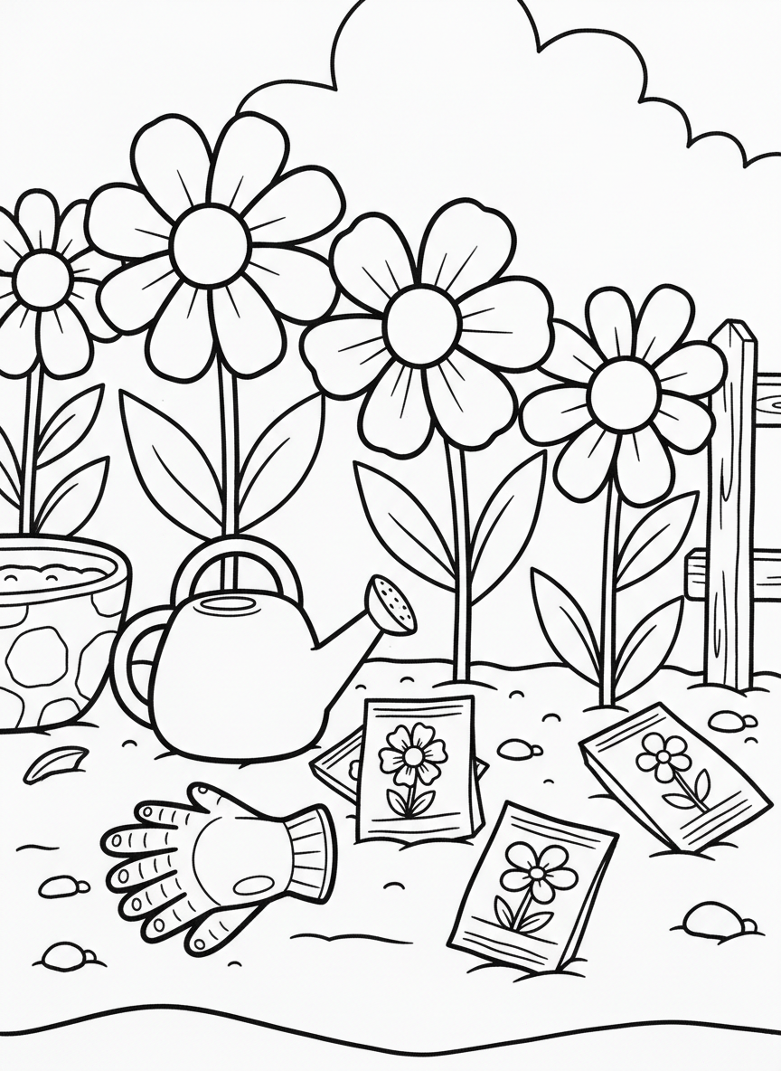 A child's garden with large simple flowers, a watering can, gardening gloves, and seed packets scattered around.