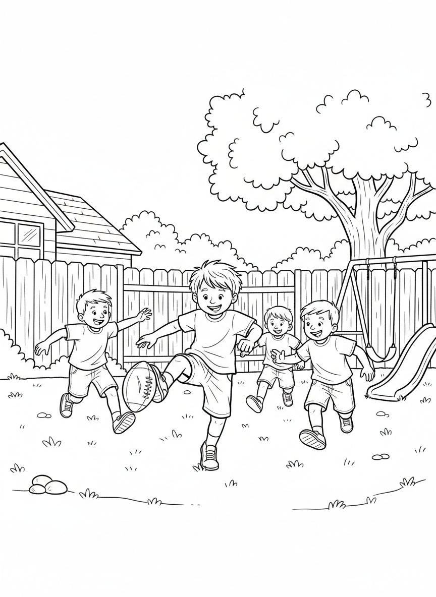 Kids playing touch football in a backyard, one child about to kick the ball while others run to catch it, fun action scene.