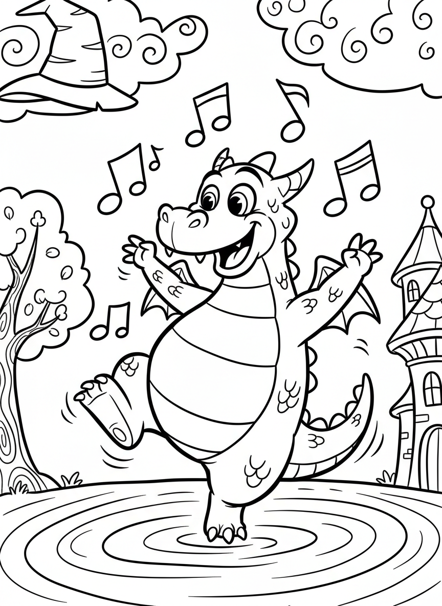 A chubby dragon with a scaly belly doing a silly dance, one leg up in the air, with musical notes floating around