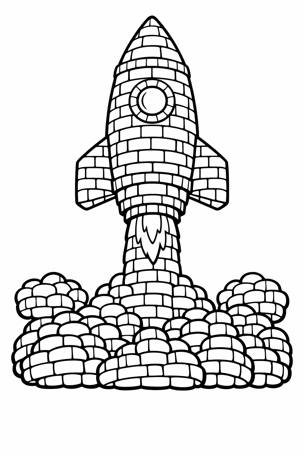 Brick Rocket: A rocket ship made of bricks blasting off, with "smoke" clouds also made of rounded brick shapes.