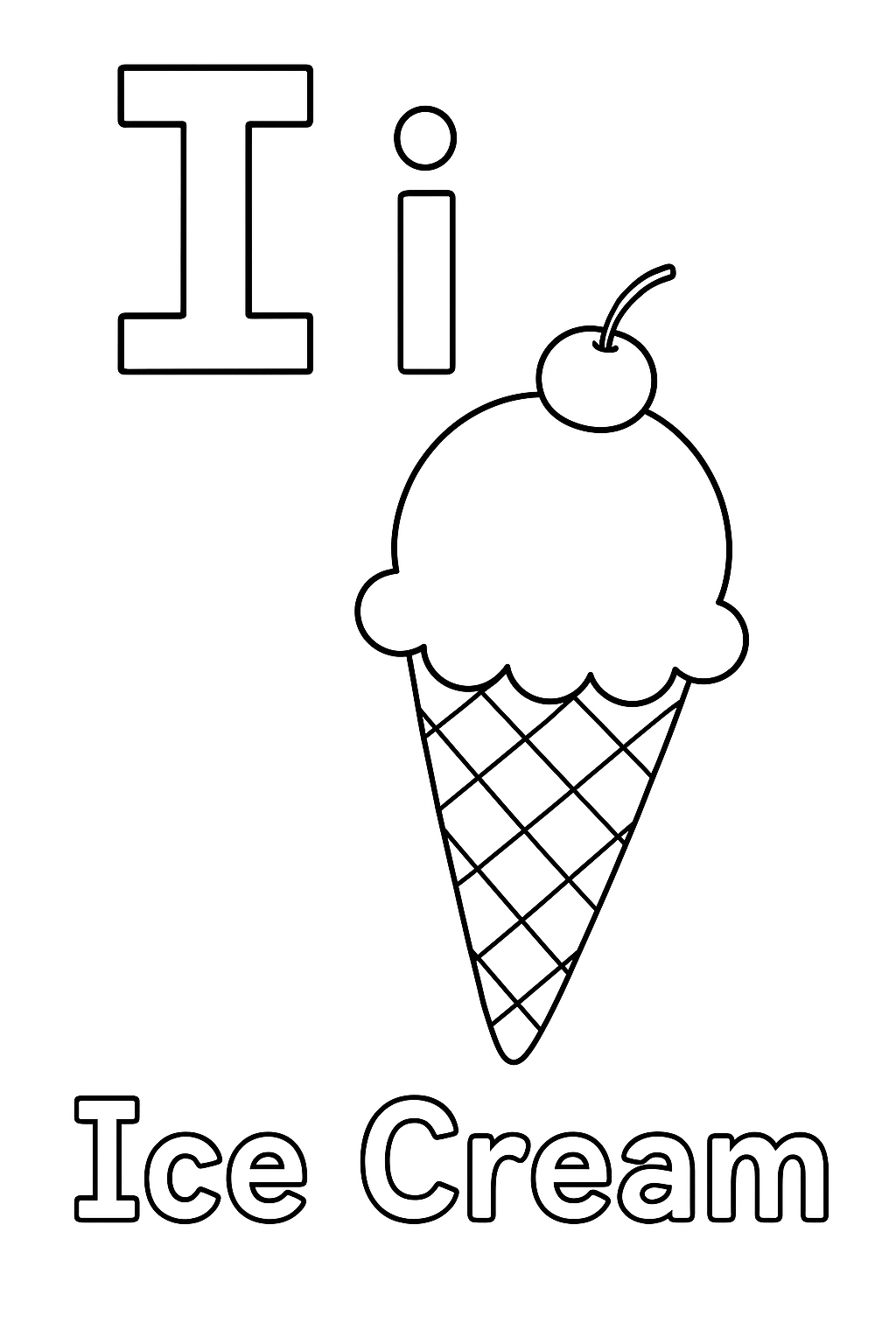 The uppercase letter “I” next to the lowercase letter “i”. With an ice cream image under the letters. Write out the object “Ice Cream”.