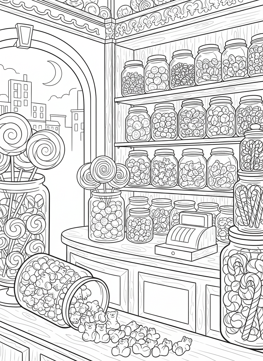 A candy shop scene with jars of lollipops, gummy bears, and candy canes displayed on shelves.