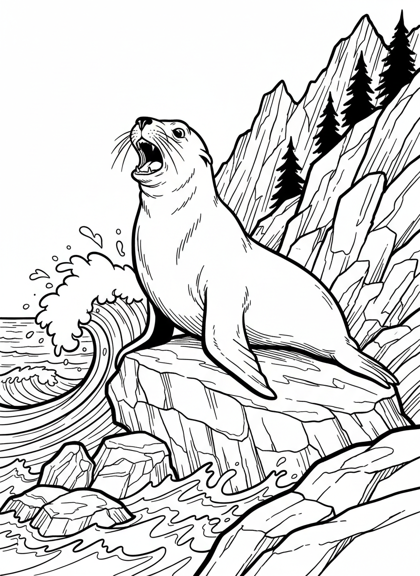 A sea lion barking with mouth wide open while perched on the highest rock, expressive face.