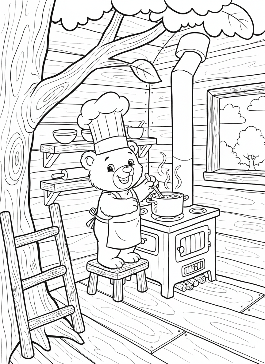 A simple treehouse kitchen with a small stove, one pot, and a smiling bear cub learning to cook.