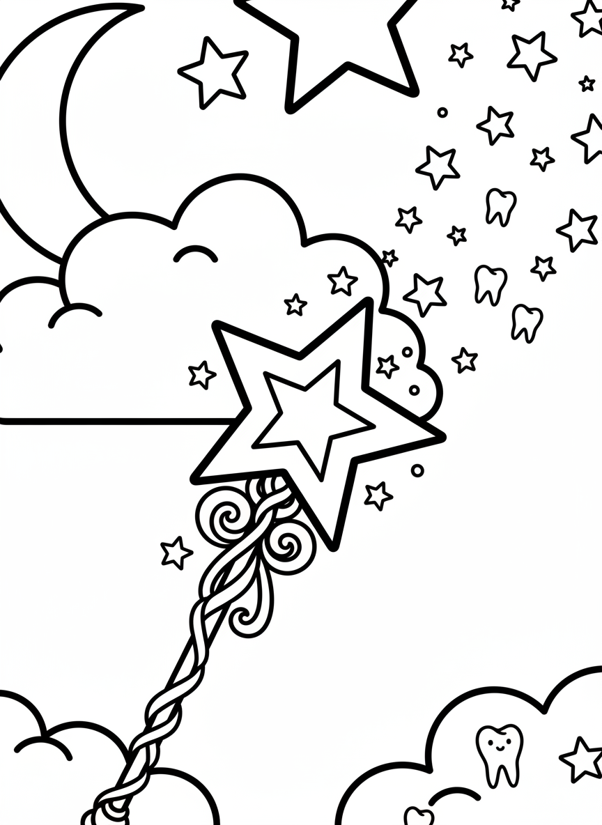 A close-up of a tooth fairy's magic wand with a star on top, leaving a trail of sparkles and tiny teeth