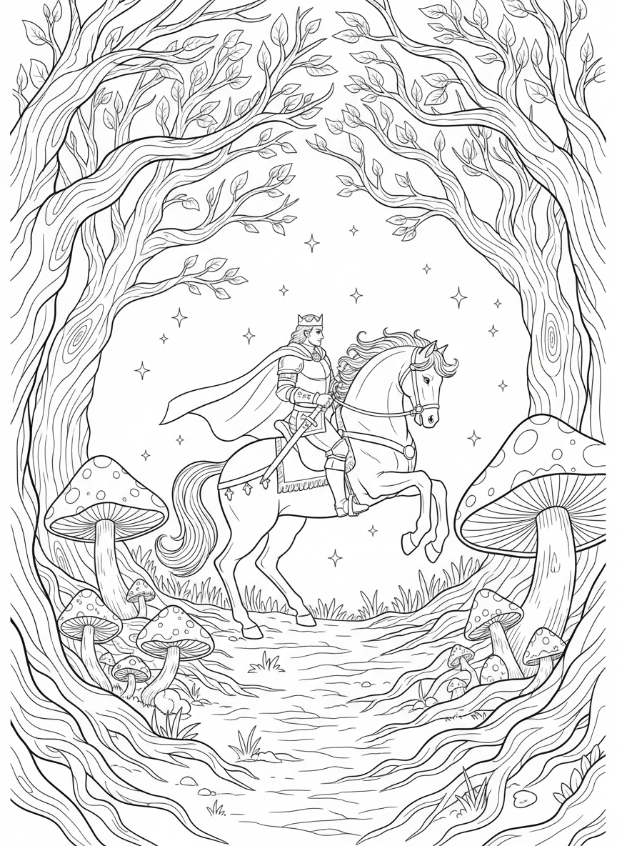 A brave prince on horseback rides through an enchanted forest with twisted trees, mushrooms, and sparkling fireflies all around.