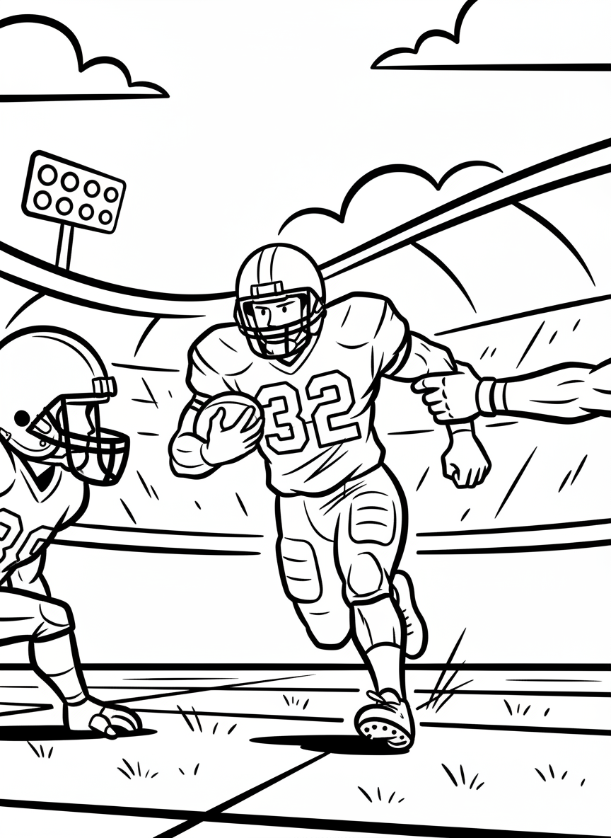A football player running with the ball tucked under their arm, wearing a helmet and jersey with number, energetic scene.