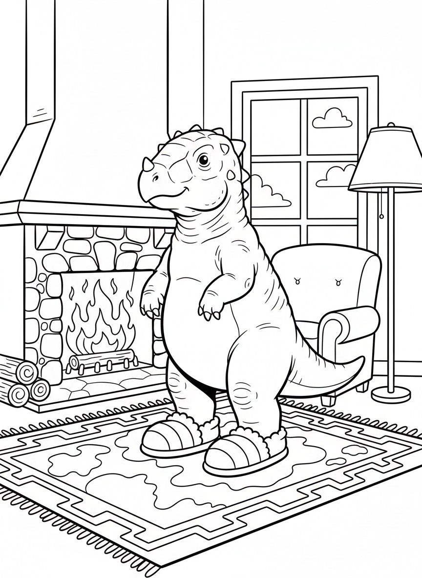 A chubby Pachycephalosaurus wearing slippers, standing on a patterned area rug near a fireplace, warm home interior.