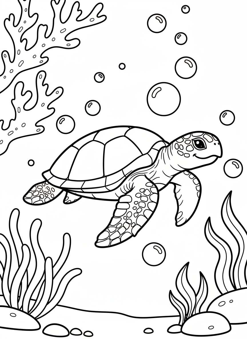 A friendly sea turtle swimming gracefully with flippers extended, surrounded by small bubbles