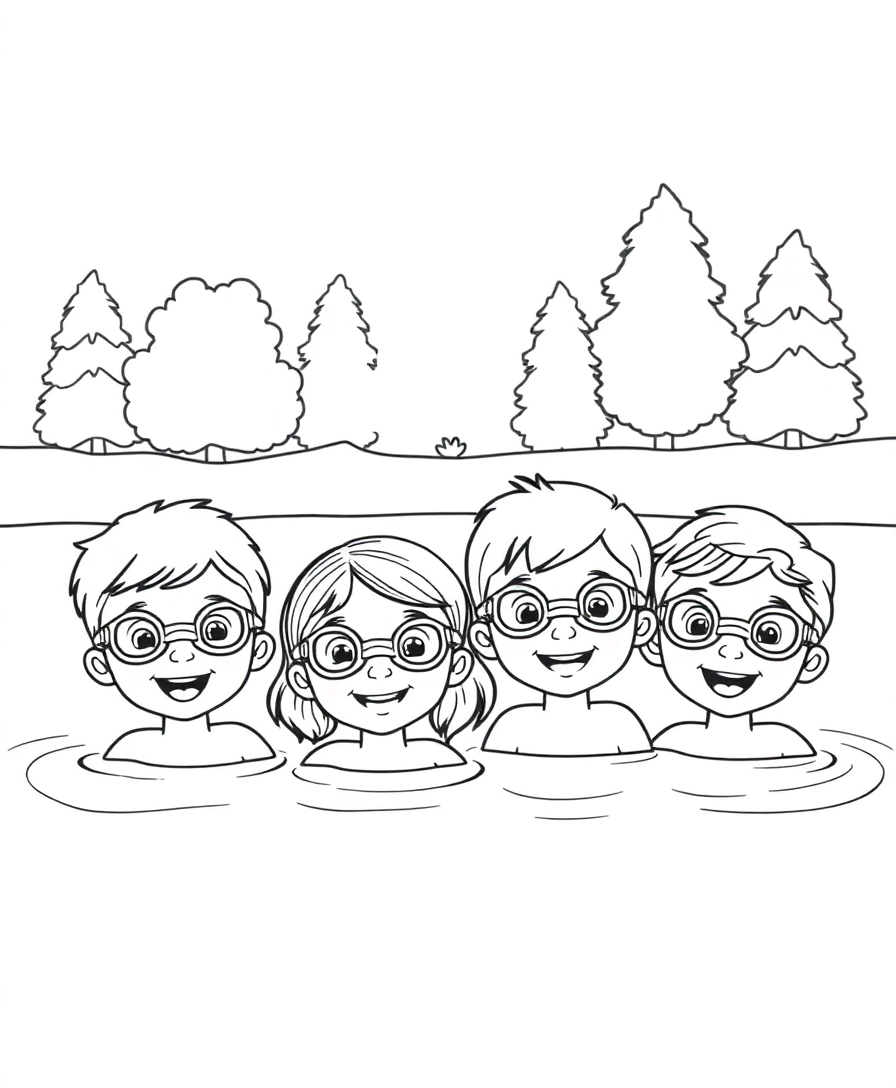 4 cute smiling children with swim goggles on playing in a lake with trees in the background 