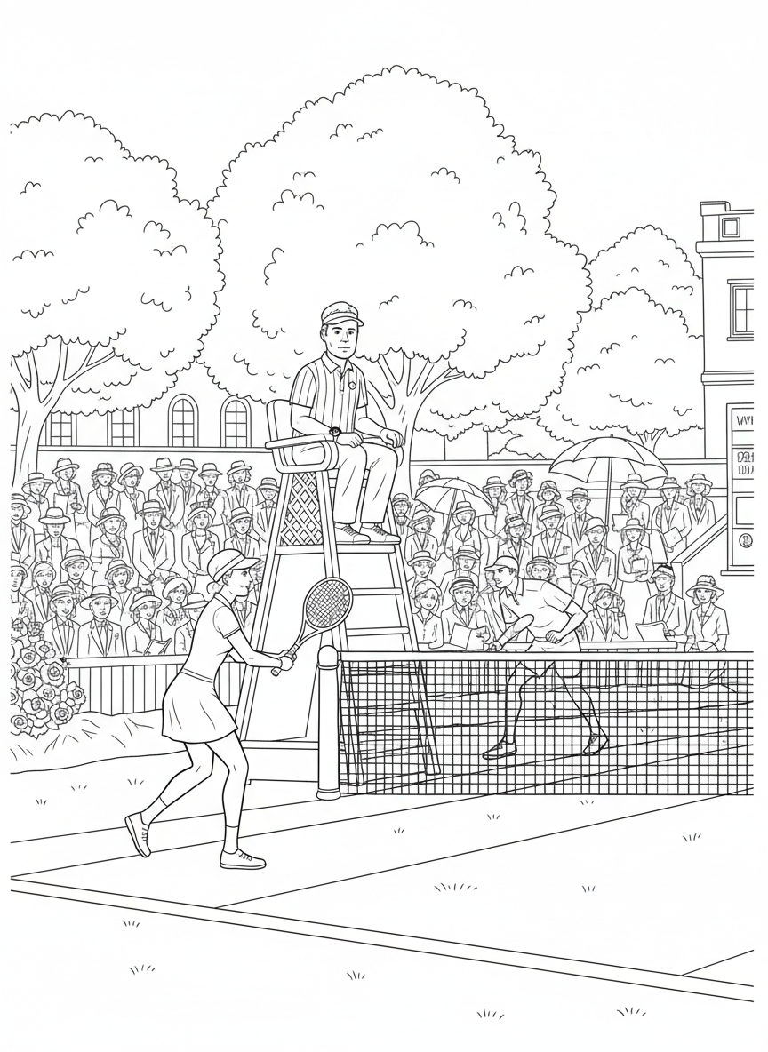Wimbledon Finals coloring page prompts capturing tradition, grass courts, elegant crowds, and championship tennis drama.	An umpire seated in the iconic high chair, overseeing the match with calm authority.