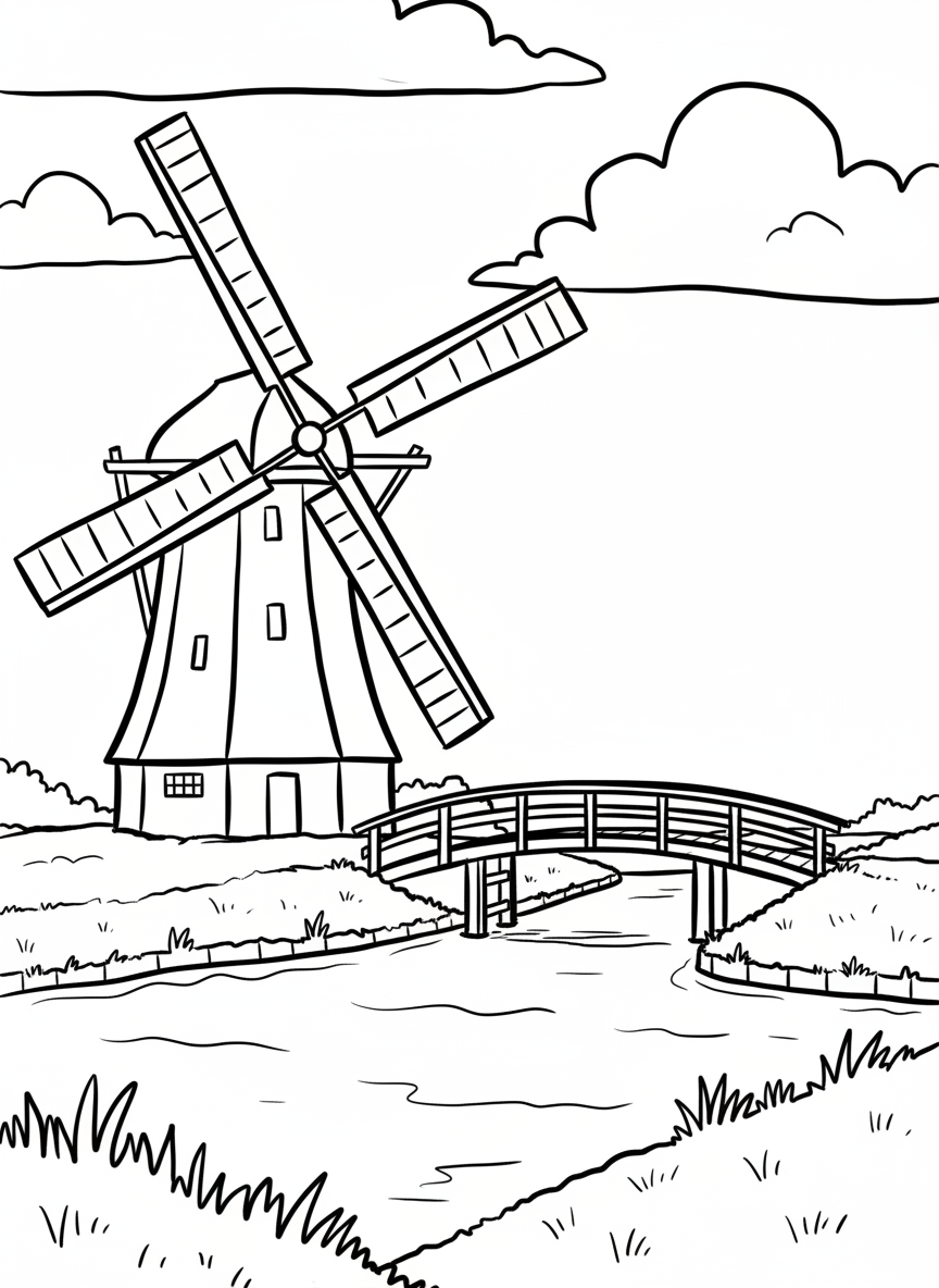 A traditional Dutch windmill standing tall beside a calm canal with a small wooden bridge, surrounded by simple grass and clouds in the sky.
