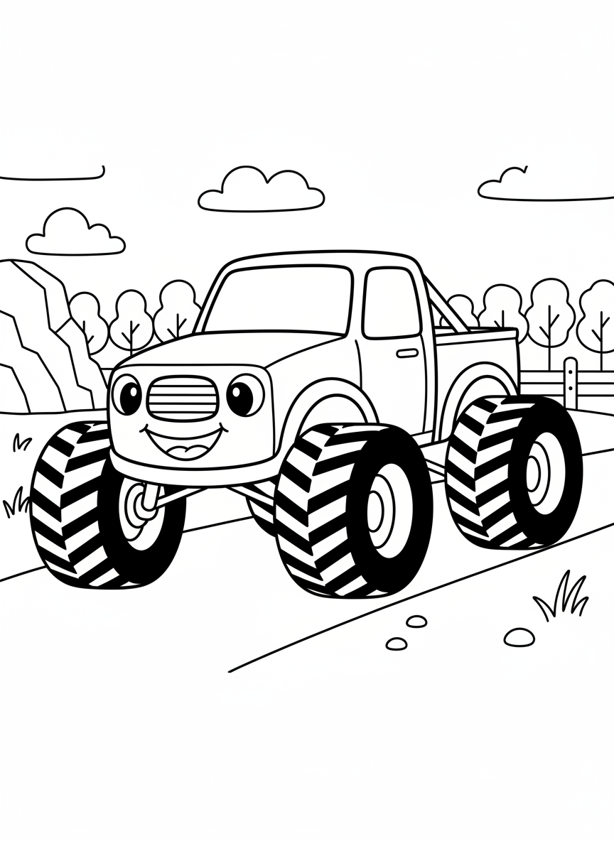 A simple monster truck design for younger children, big round wheels, happy face on the grille, driving on a flat road.