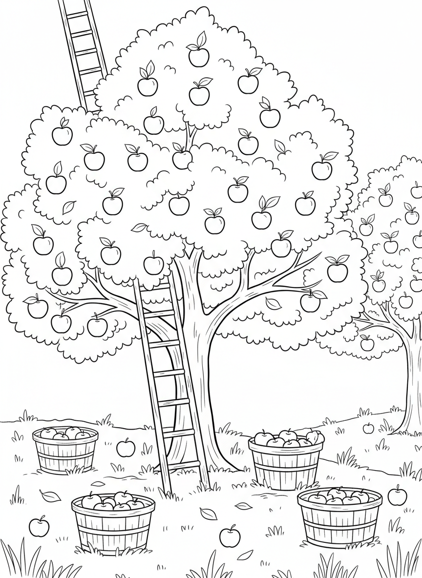 An orchard scene with apple trees heavy with fruit, a ladder leaning against a tree, and bushel baskets on the ground.