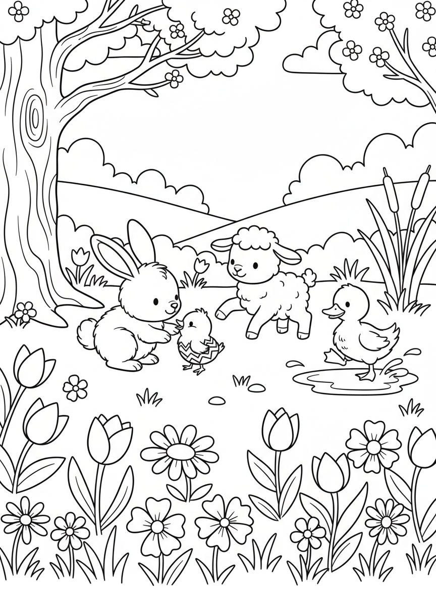 Baby animals including a bunny, chick, lamb, and duckling playing together in a spring meadow with flowers