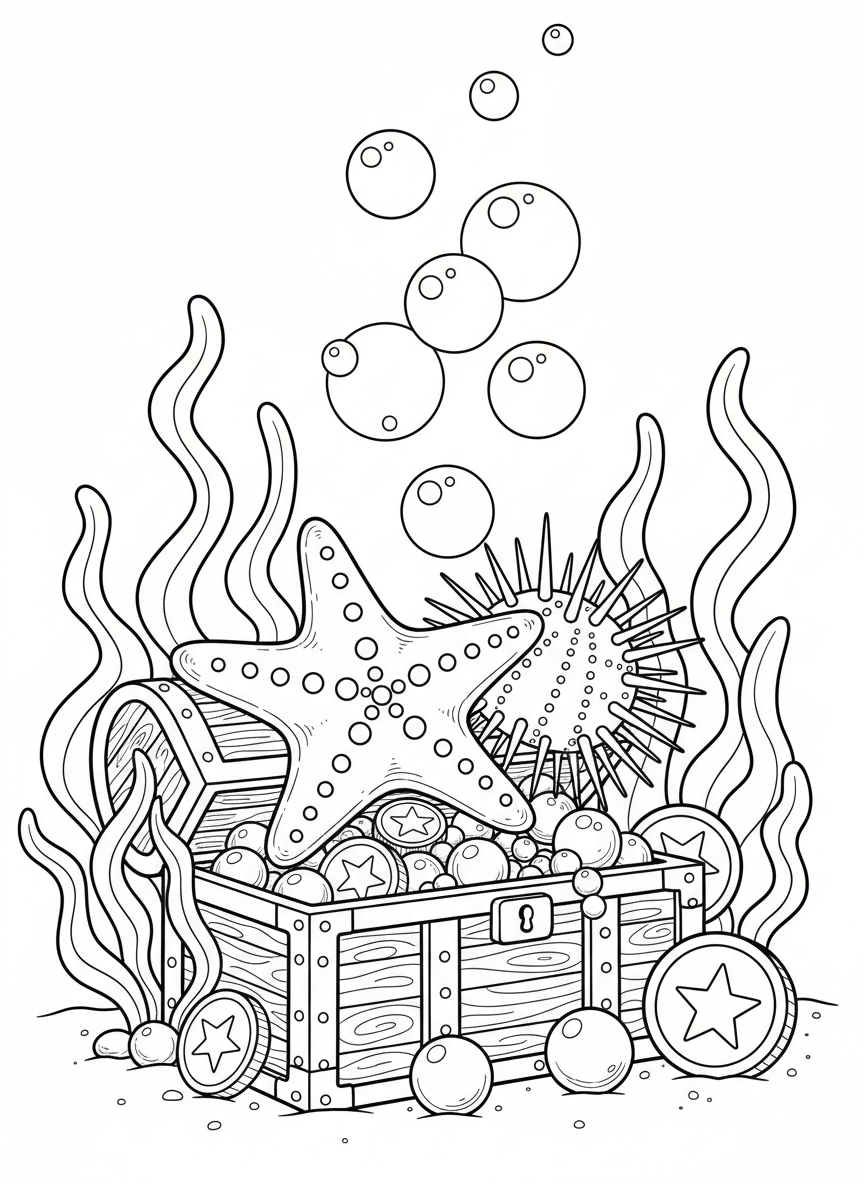 A starfish and sea urchin exploring a sunken treasure chest with pearls and coins spilling out, surrounded by seaweed and bubbles.