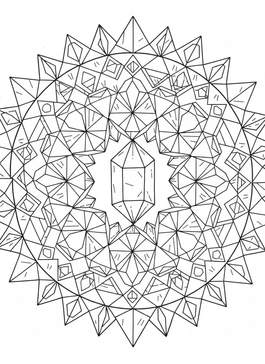 A detailed mandala pattern made entirely of geometric gemstone shapes radiating from a central crystal point.