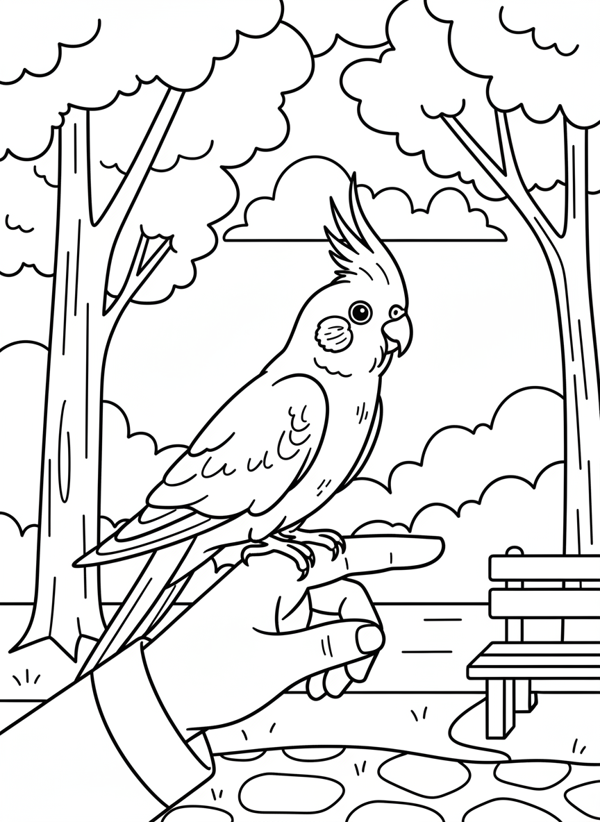 A cockatiel bird with a distinctive crest on its head standing on someone's finger, simple and friendly composition.