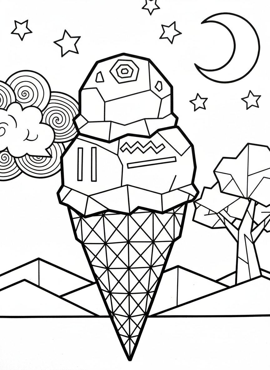A detailed origami ice cream cone with geometric folded layers, showing three scoops stacked high with waffle cone triangle patterns below.
