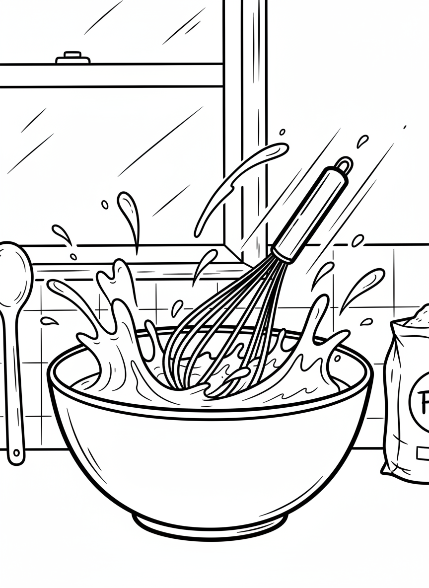 A whisk inside a mixing bowl with batter, showing motion lines and ingredient splashes for an action-packed baking moment.