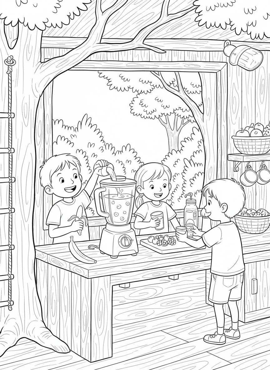 Kids making fruit smoothies in a treehouse kitchen with a blender, fresh berries, and bananas on the counter.