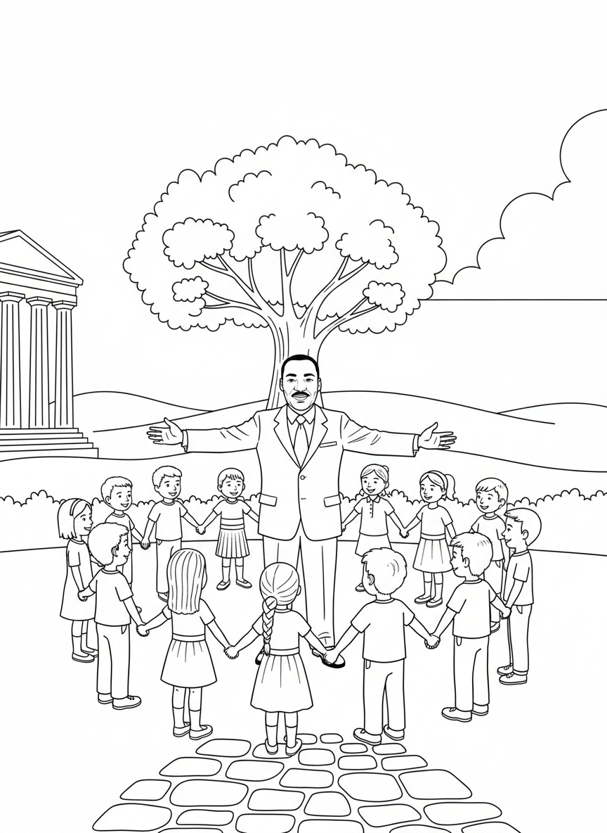 Children of different ethnicities holding hands in a circle around Martin Luther King Jr., symbolizing unity and friendship
