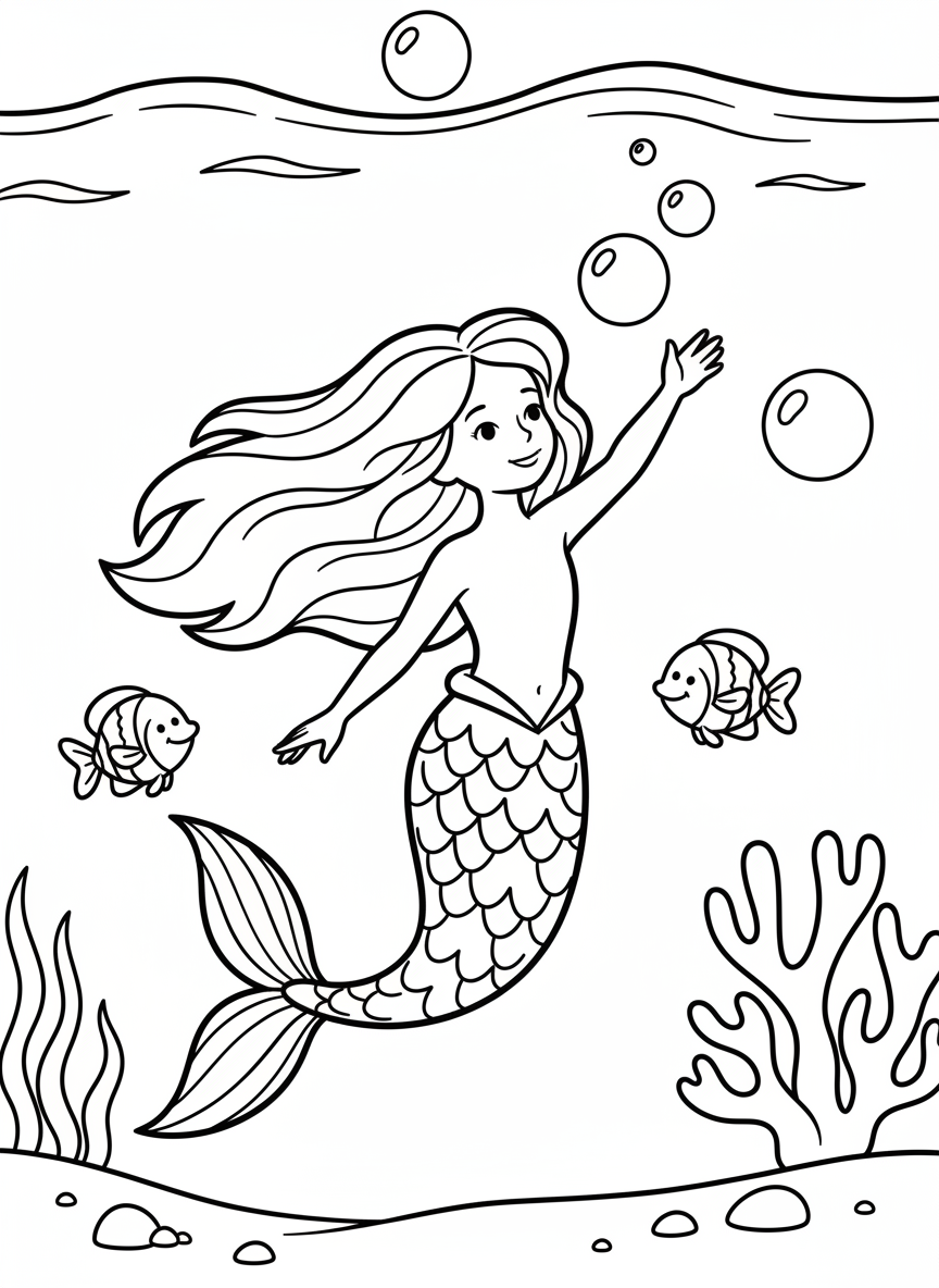 Simple mermaid swimming upward with one arm reaching toward the surface, surrounded by three floating bubbles and two small fish, easy line art for young children