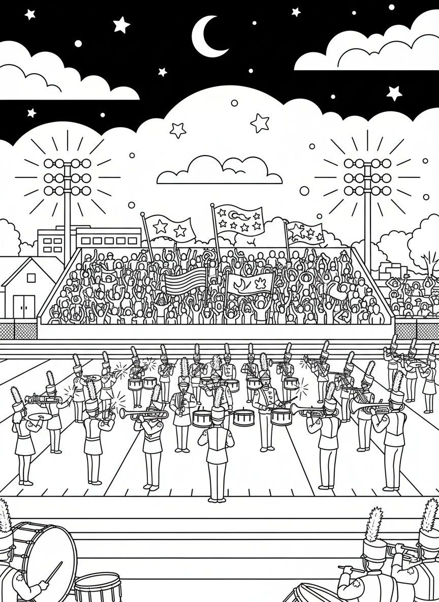 Friday Night Lights coloring page prompts capturing high school football atmosphere, community pride, and glowing stadium scenes.	The marching band performing at halftime, instruments gleaming beneath stadium lights.