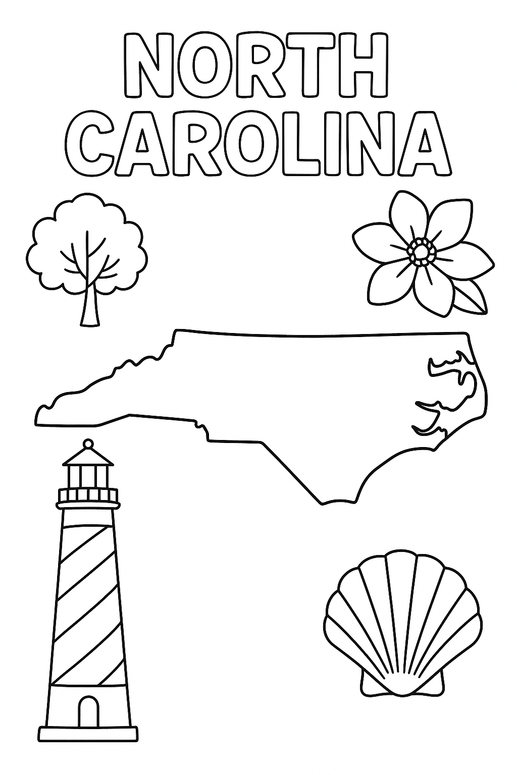 Write “North Carolina” once at the top in outlined letters. Draw a large, centered state outline. Add one lighthouse, one flower, one shell, and one tree in corners.