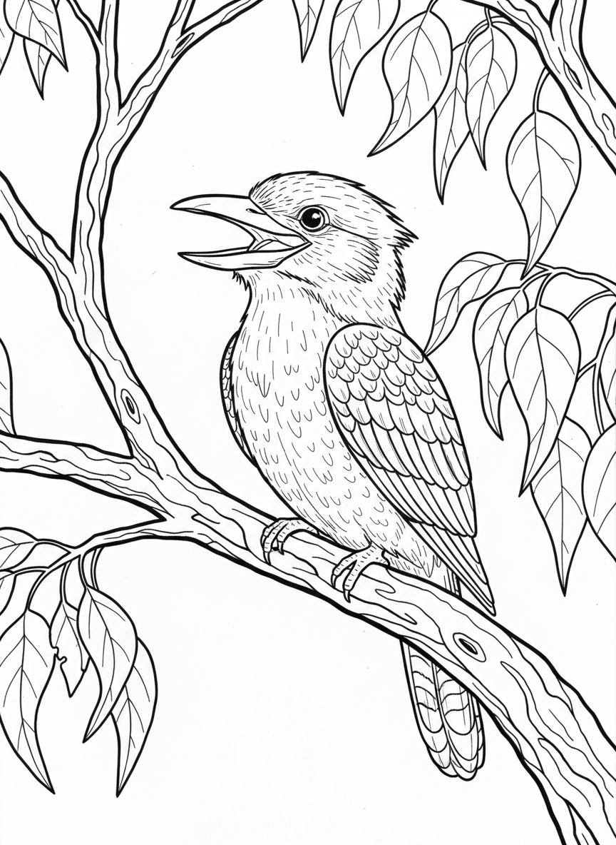 A laughing kookaburra perched on a gum tree branch with its beak open, detailed feather patterns for older kids.