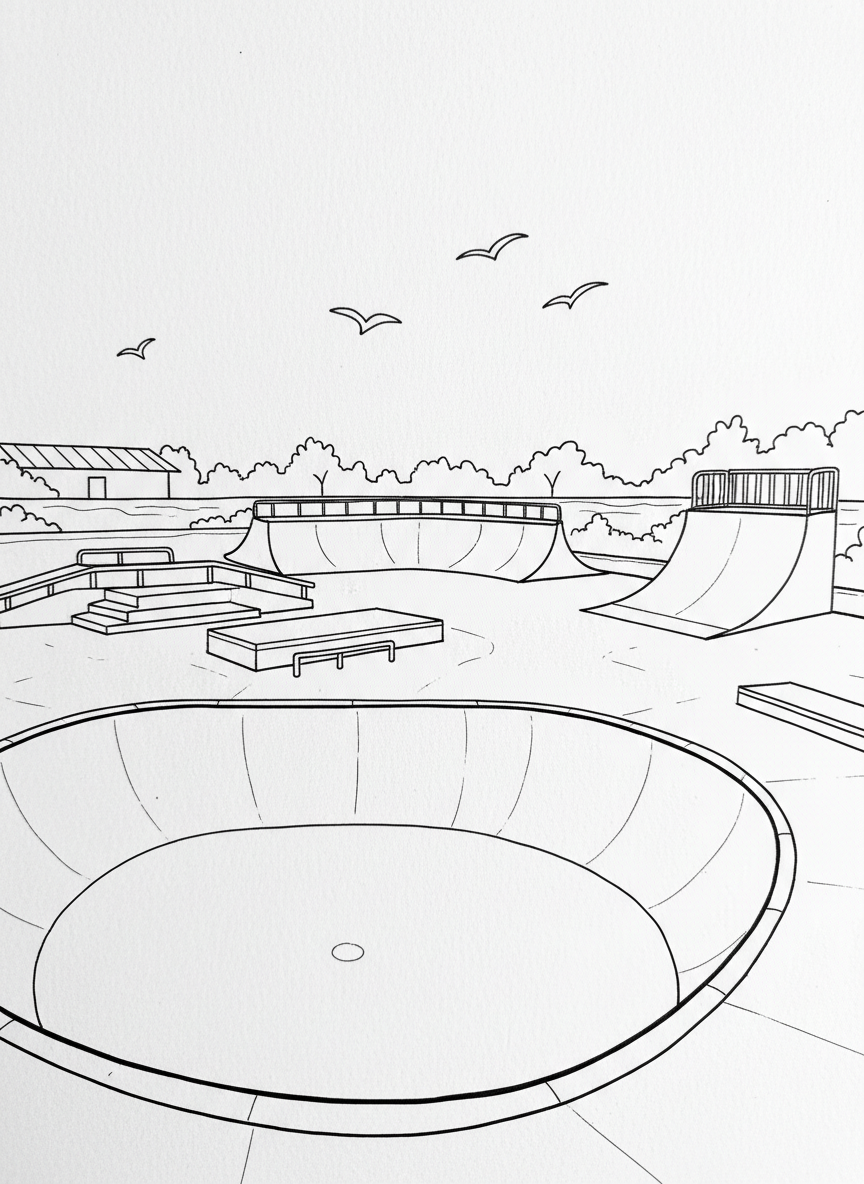 A detailed skate park scene with multiple ramps, rails, and half-pipes, empty and ready for action, birds flying overhead.