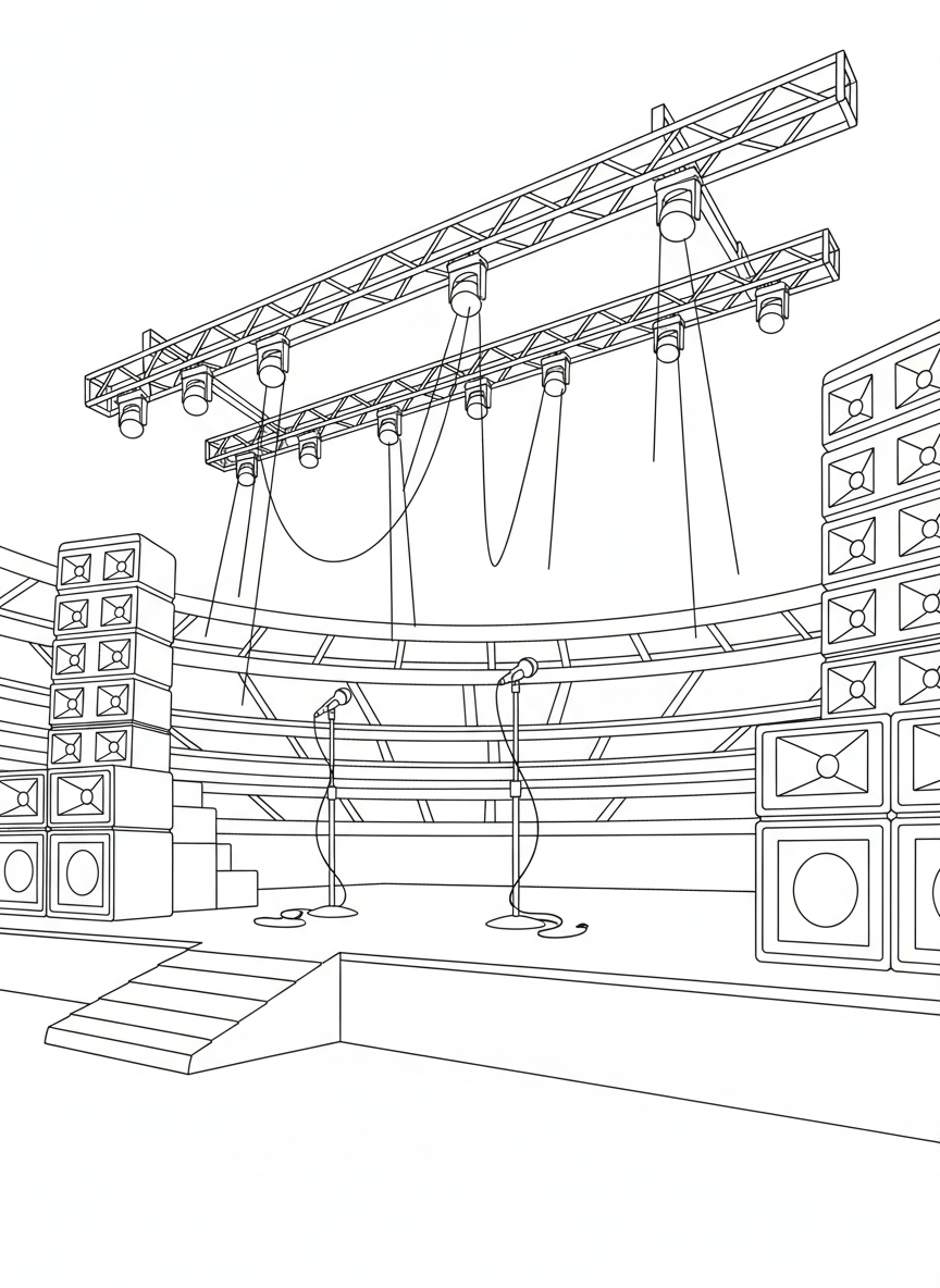 A halftime show stage with microphone stands, speakers, and spotlights ready for performers, empty stage setup.